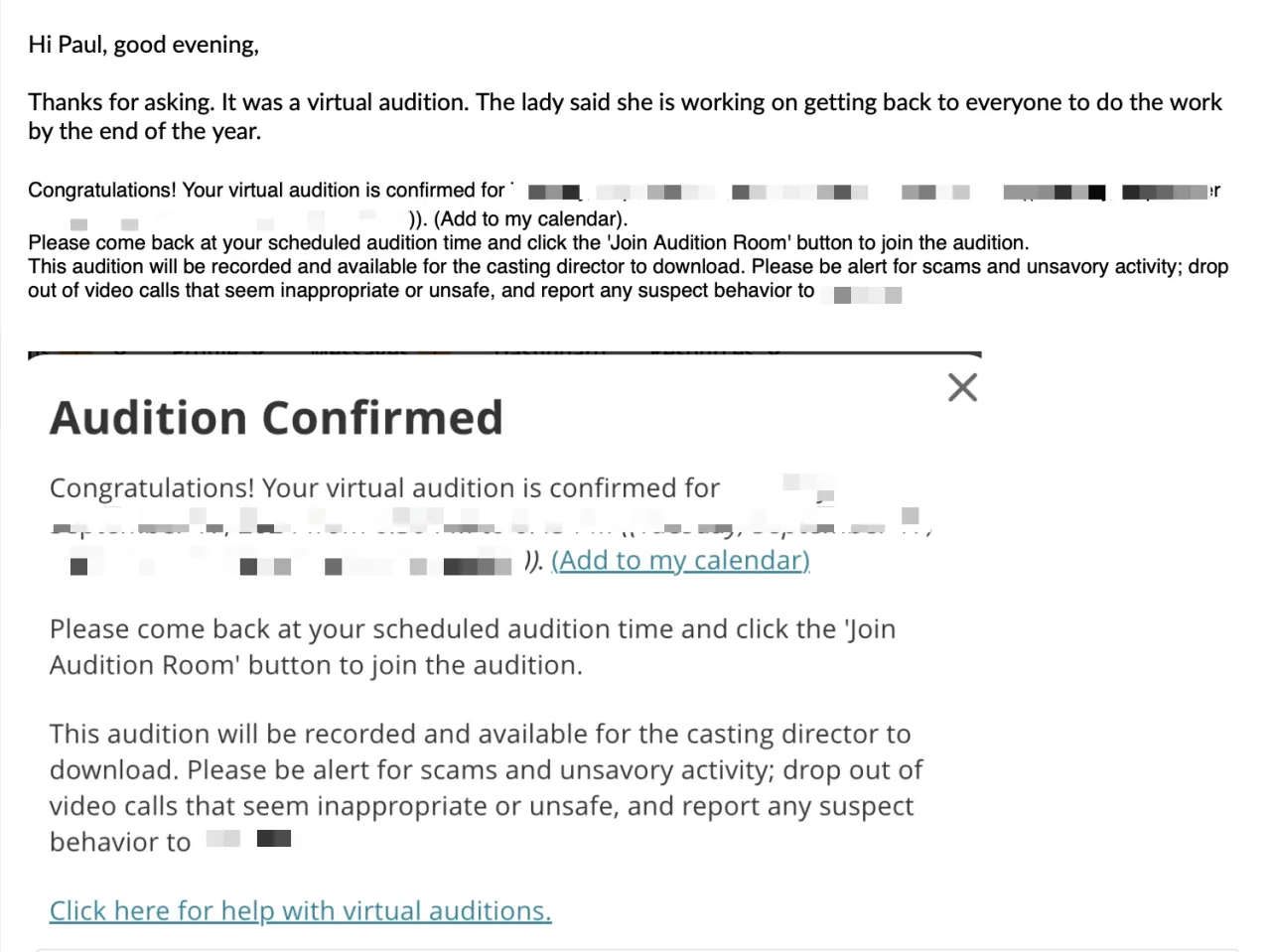 Member message: my virtual audition is confirmed